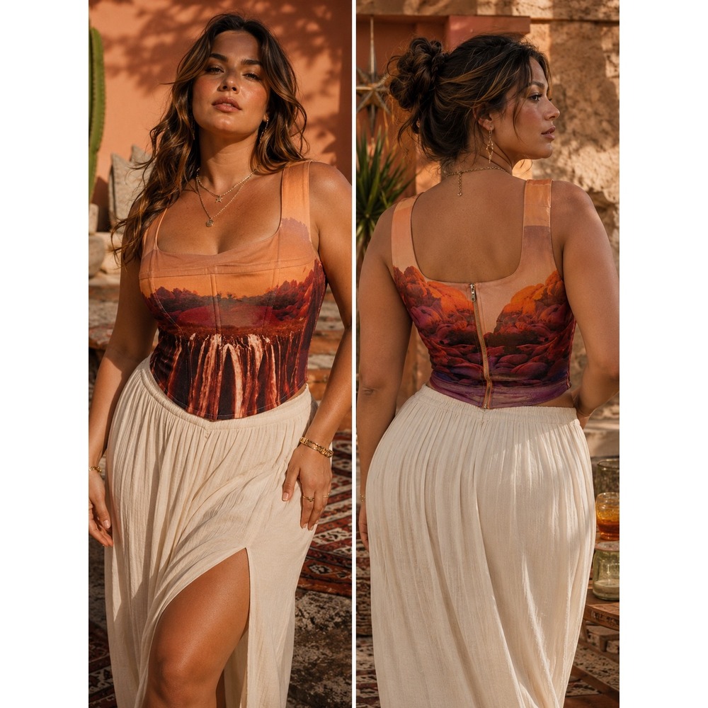 Miaou Campbell Oasis Corset Top Large Orange Desert Waterfall Landscape Boned
